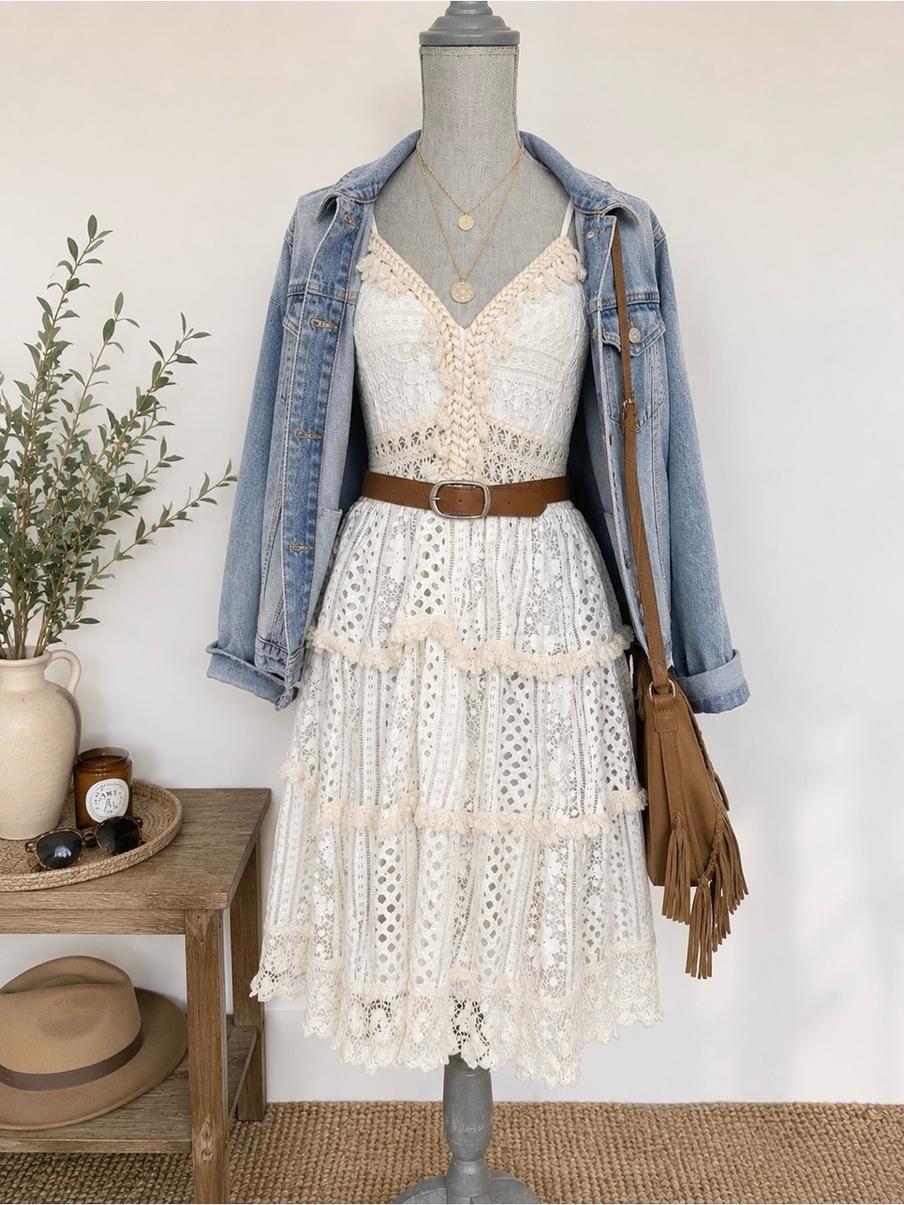 Boho Lace Midi Dress in Cream with Crochet Details